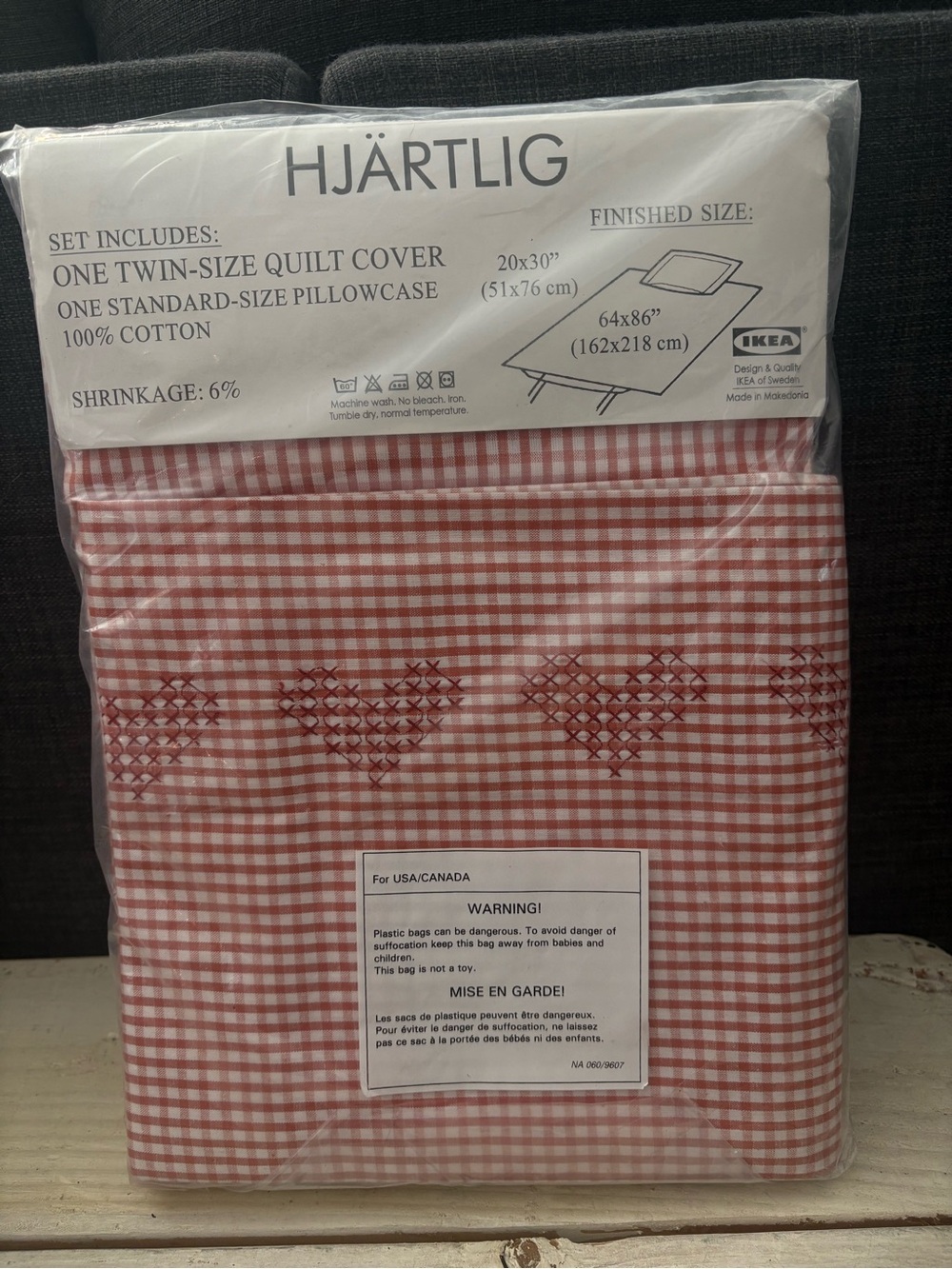 NWT IKEA Hjärtlig 1 Twin Quilt Cover 1 Pillowcase Set Red Gingham Plaid Hearts - Picture 3 of 9